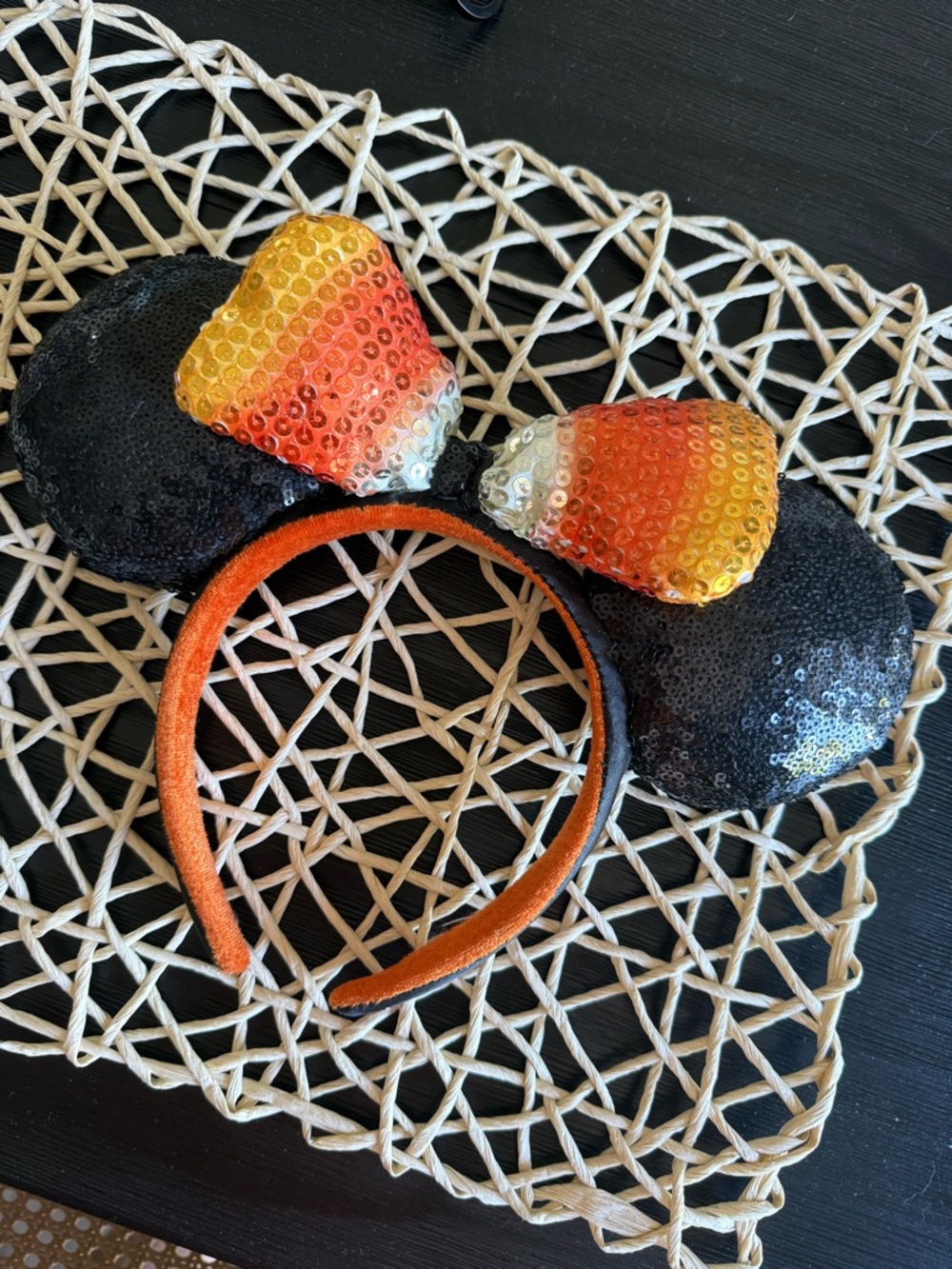 Disney Black Sequin Minnie Ears Headband with Candy Corn Bow